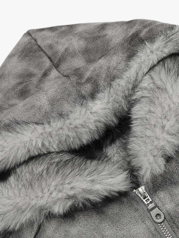Faux Suede Vintage Wash Fur Hood Padded Jacket - 2553 