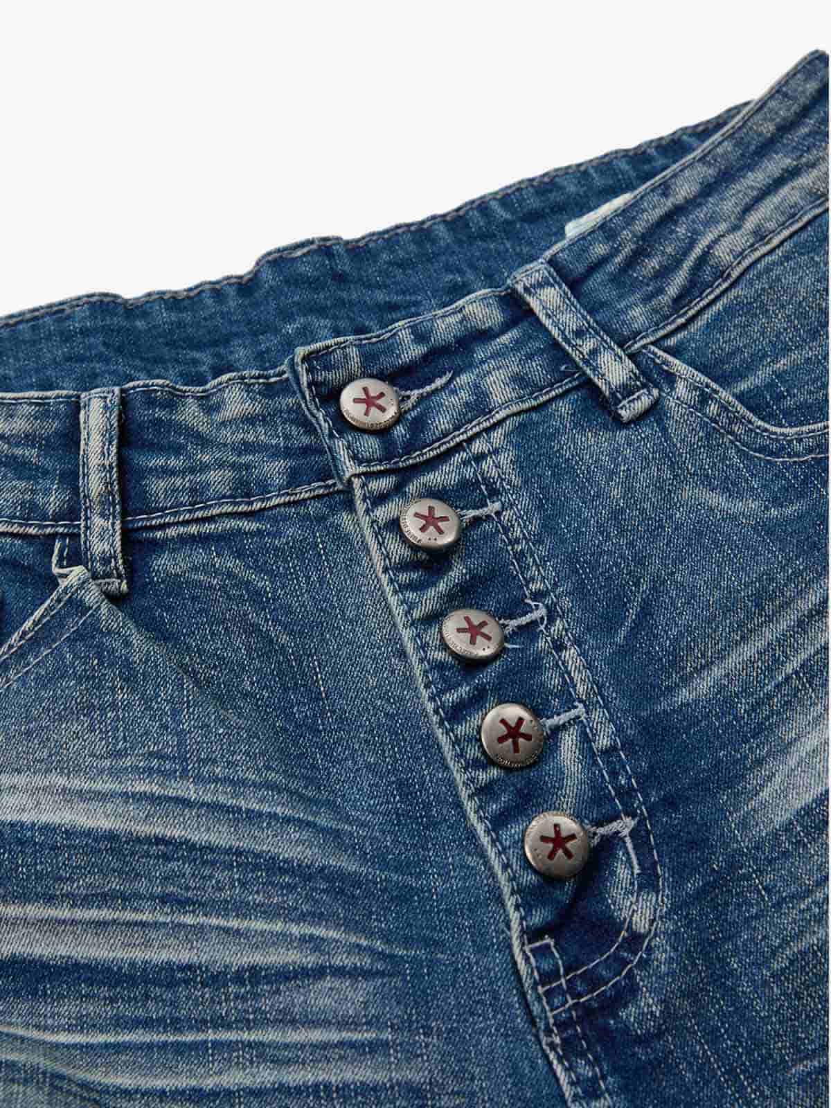 Vintage Distressed Button Fly Ruched Panel Flared Jeans 
