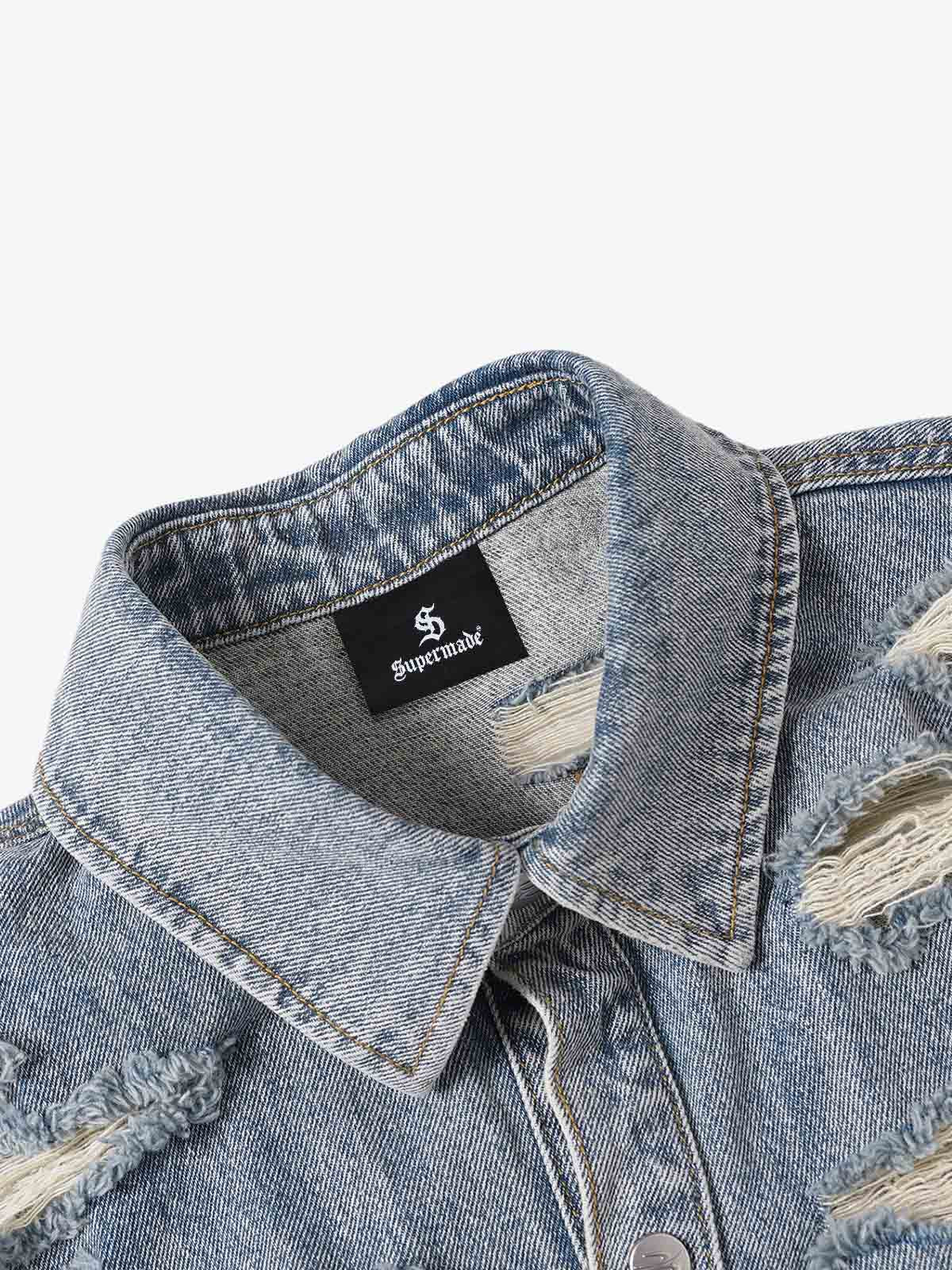 Retro Washed Plaid-Paneled Distressed Denim Set 