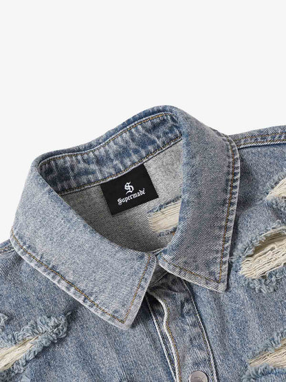 Retro Washed Plaid-Paneled Distressed Denim Set 