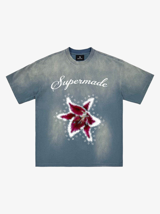 T-Shirt mit gewaschenem Blumen- und Sternenmuster