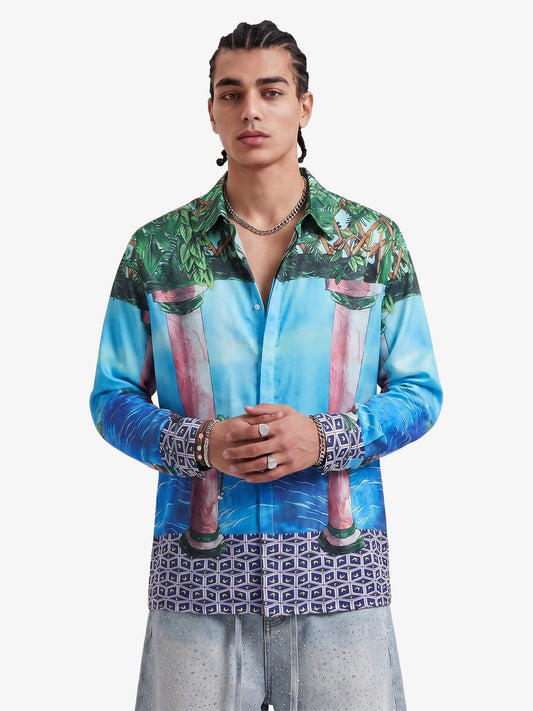 Vintage-Shirt mit römischem Säulenmotiv und Meereslandschaft