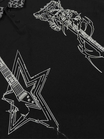 Rock Grunge Aesthetic Leopard Patchwork Polo Shirt 