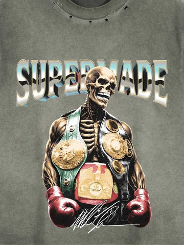 Distressed Sleeveless Tank Top with Punk Boxing Skull Print – Cotton Blend Grommet Detail Streetwear