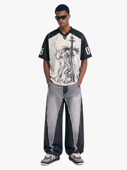 Oversized Mesh Football Jersey Tee – Gothic Number Graphic Sport T-Shirt