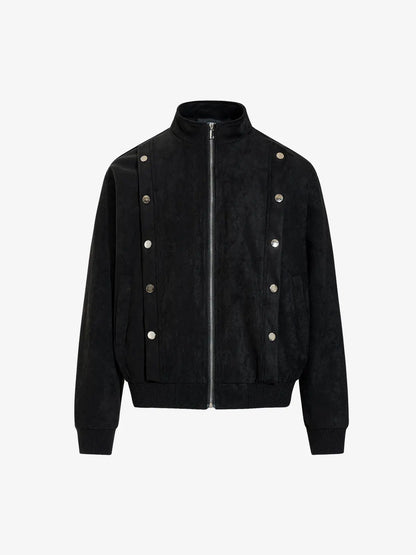 Vintage Stand Collar Metal Button-Structured Bomber Jacket 