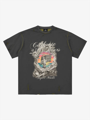 Statue of Liberty Graphic Distressed Reversible T-Shirt 