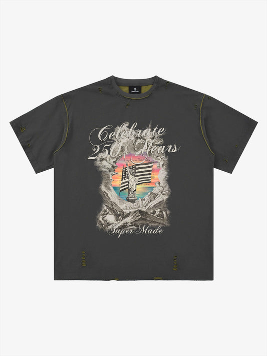 Wende-T-Shirt mit Freiheitsstatue-Motiv im Used-Look