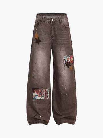 Retro Patchwork Washed Wide Leg Denim Jeans 