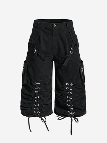 Y2K Schnür-Cargoshorts mit gerafftem, weitem Bein