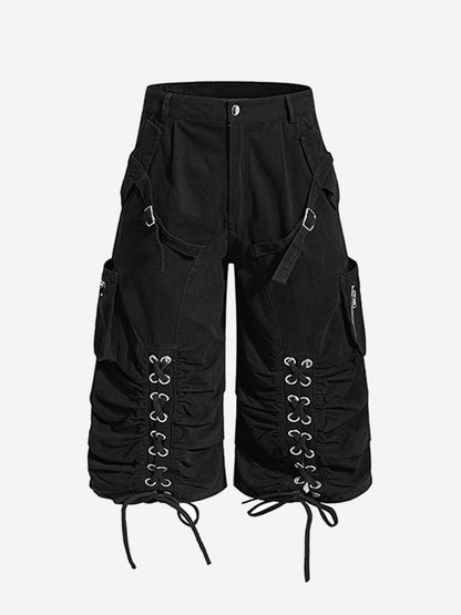 Y2K Schnür-Cargoshorts mit gerafftem, weitem Bein