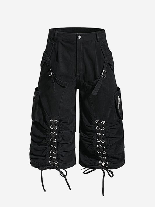 Y2K Schnür-Cargoshorts mit gerafftem, weitem Bein