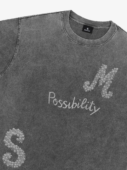 Vintage Washed Pearl Letter Graphic T-Shirt 