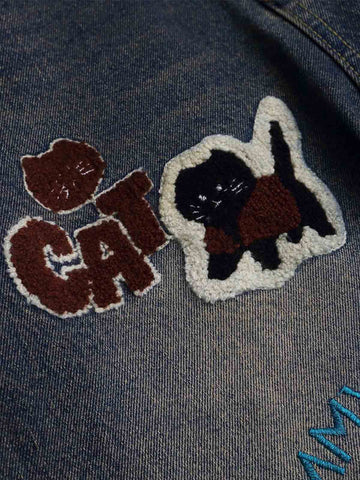 Retro Cartoon Graphic Heavy Embroidery Barrel Jeans - 2562 