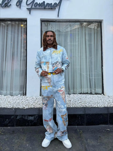 Retro Artistic Graffiti Angelic Prints Baggy Jeans - 2574 