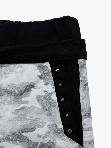 Camo Embroidered Double Waist Lace-Up Wide Leg Cargo Pants - 2599 