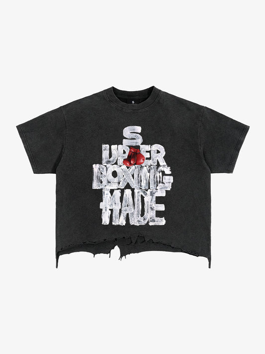 Crop-T-Shirt mit Boxmotiv im Used-Look