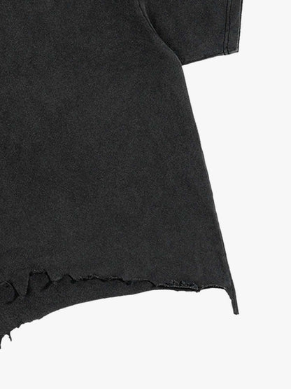 Distressed Black Cotton Oversized Cropped T-Shirt with Raw Hem