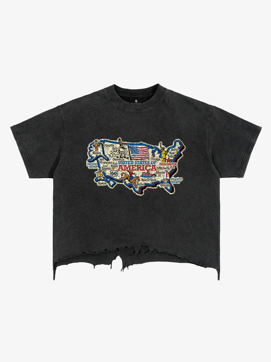 USA-Karten-T-Shirt mit zerrissenem Saum