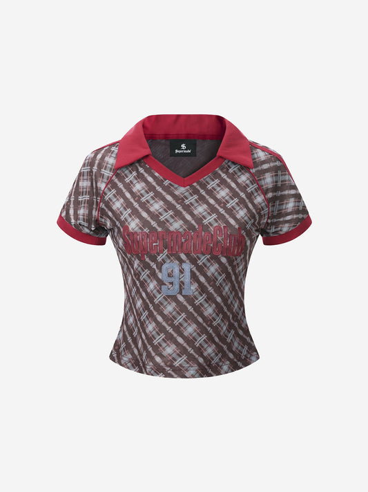 Y2K Kariertes Slim-Fit-T-Shirt mit Reverskragen
