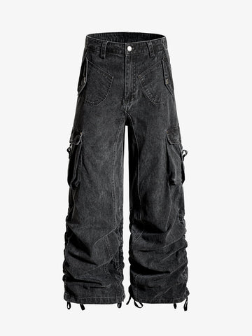 Washed Cotton Multi-Pocket Ruched Cargo Pants 