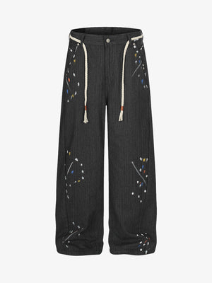Street Contrast Artistic Graffiti Drawstring Jeans 