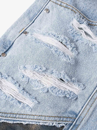 Retro Washed Plaid-Paneled Distressed Denim Set 