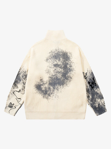 Ink-Splashed Butterfly Jacquard Zip Knit Sweater 