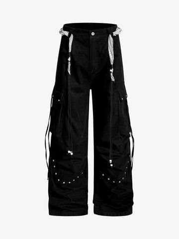 Bandana Waist Strap Multi-Pocket Cotton Cargo Pants 