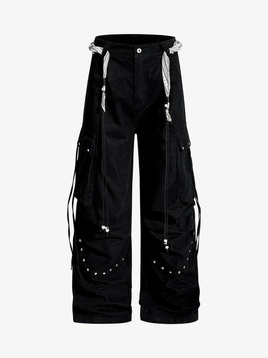 Bandana Waist Strap Multi-Pocket Cotton Cargo Pants 