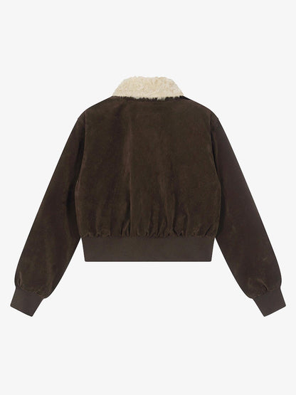 Utility Faux Shearling Collar Suede Look Zip Up Jacket 