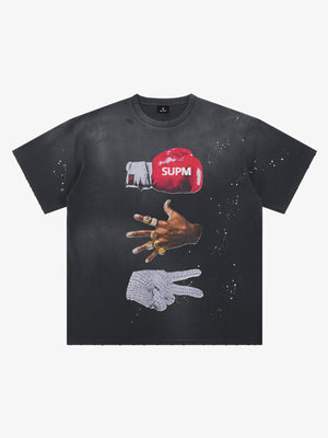 Black Distressed Graphic Tee with Boxing Glove Print – Oversized Streetwear T-Shirt