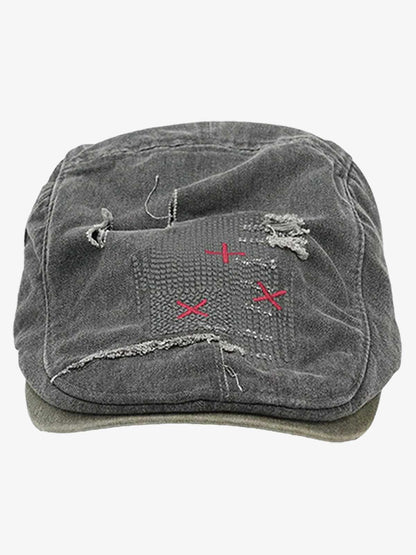 Distressed Patchwork Embroidered Cotton Flat Cap 