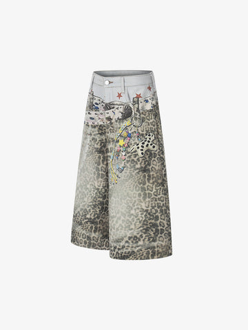 Charm Detail Leopard Denim Shorts 