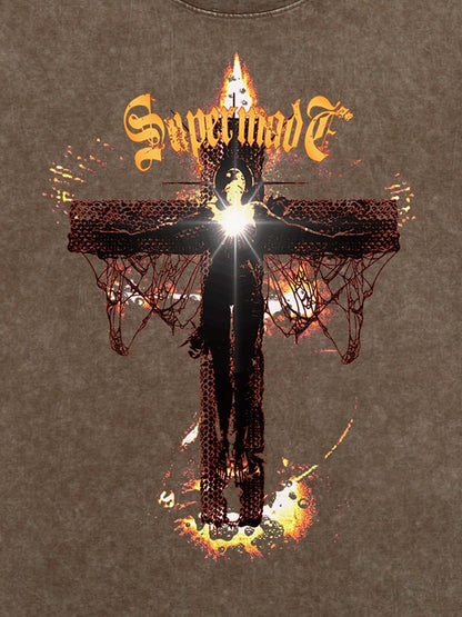 Washed Gothic Cross Graphic T-Shirt 