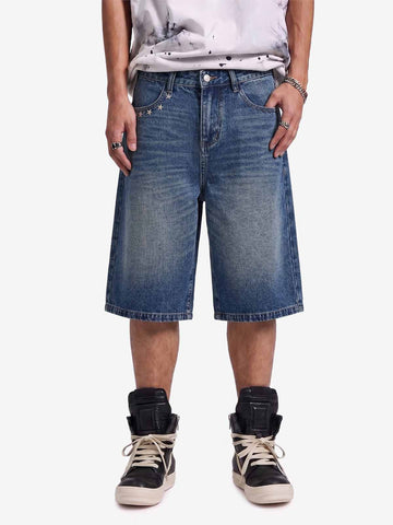 Star Embroidered Denim Shorts with Rivets
