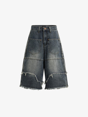 Ausgefranste, mehrlagige Jeans-Shorts mit Einsätzen