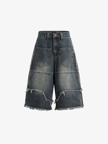 Ausgefranste, mehrlagige Jeans-Shorts mit Einsätzen