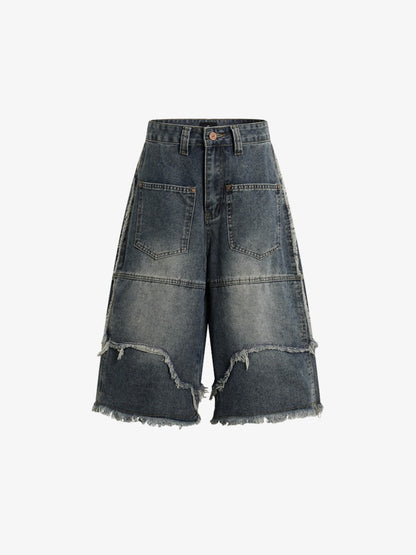Ausgefranste, mehrlagige Jeans-Shorts mit Einsätzen