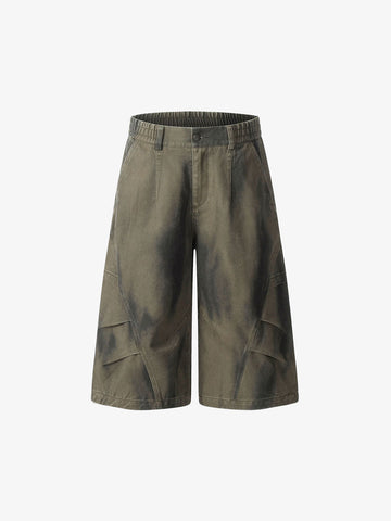 Olive Washed Wide-Leg Cargo Shorts – Cotton Twill Relaxed Fit Utility Shorts