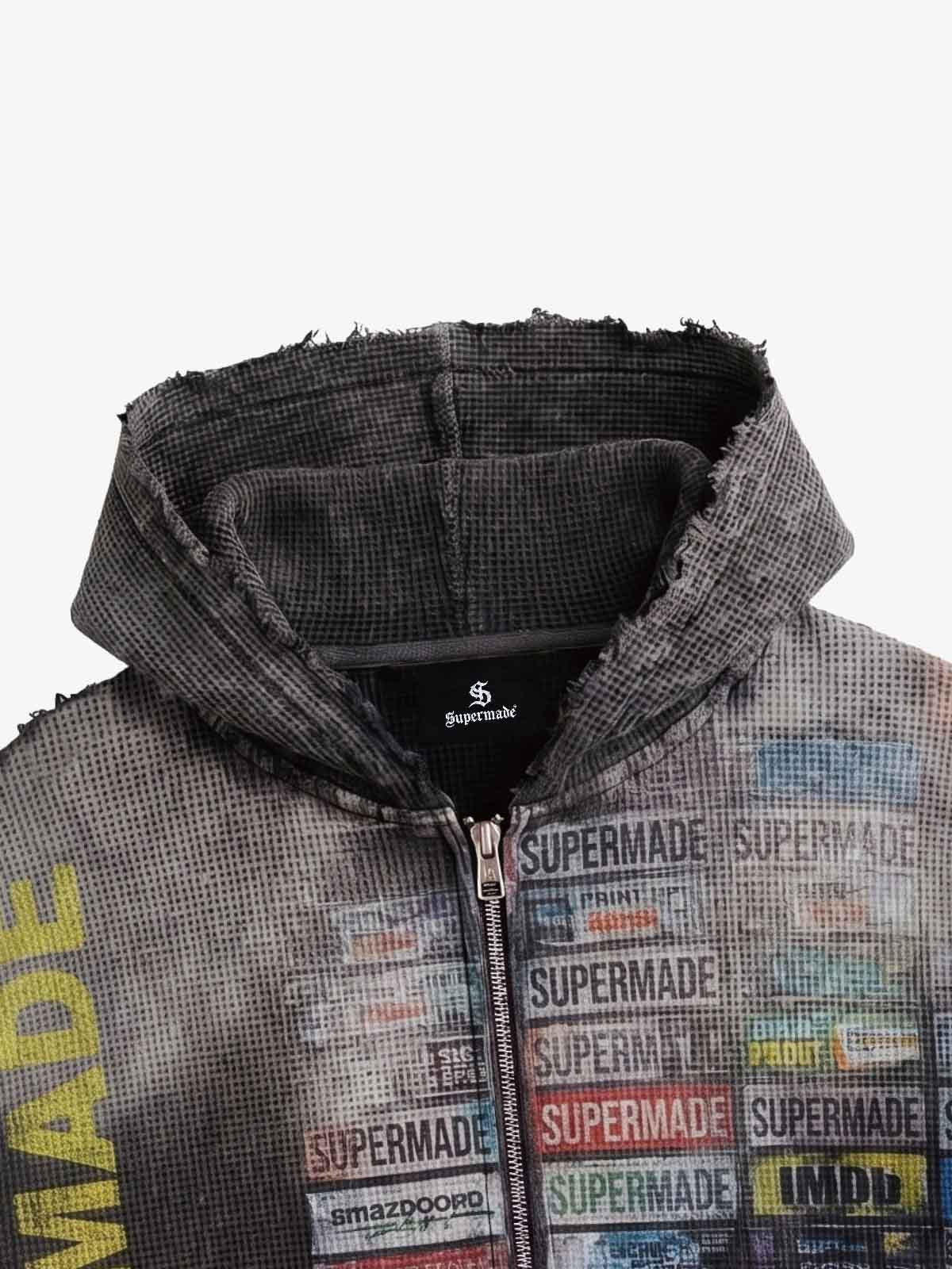 Distressed Multi-Label Graphic Sleeveless Zip Hoodie 