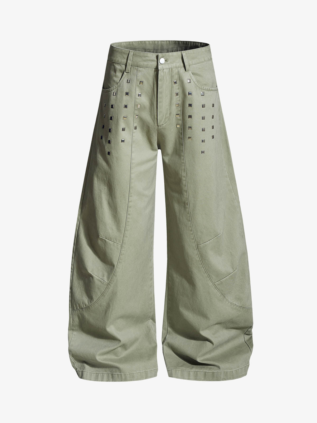 Heavy-Duty Studded Curved Wide-Leg Pants 