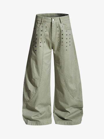 Heavy-Duty Studded Curved Wide-Leg Pants 