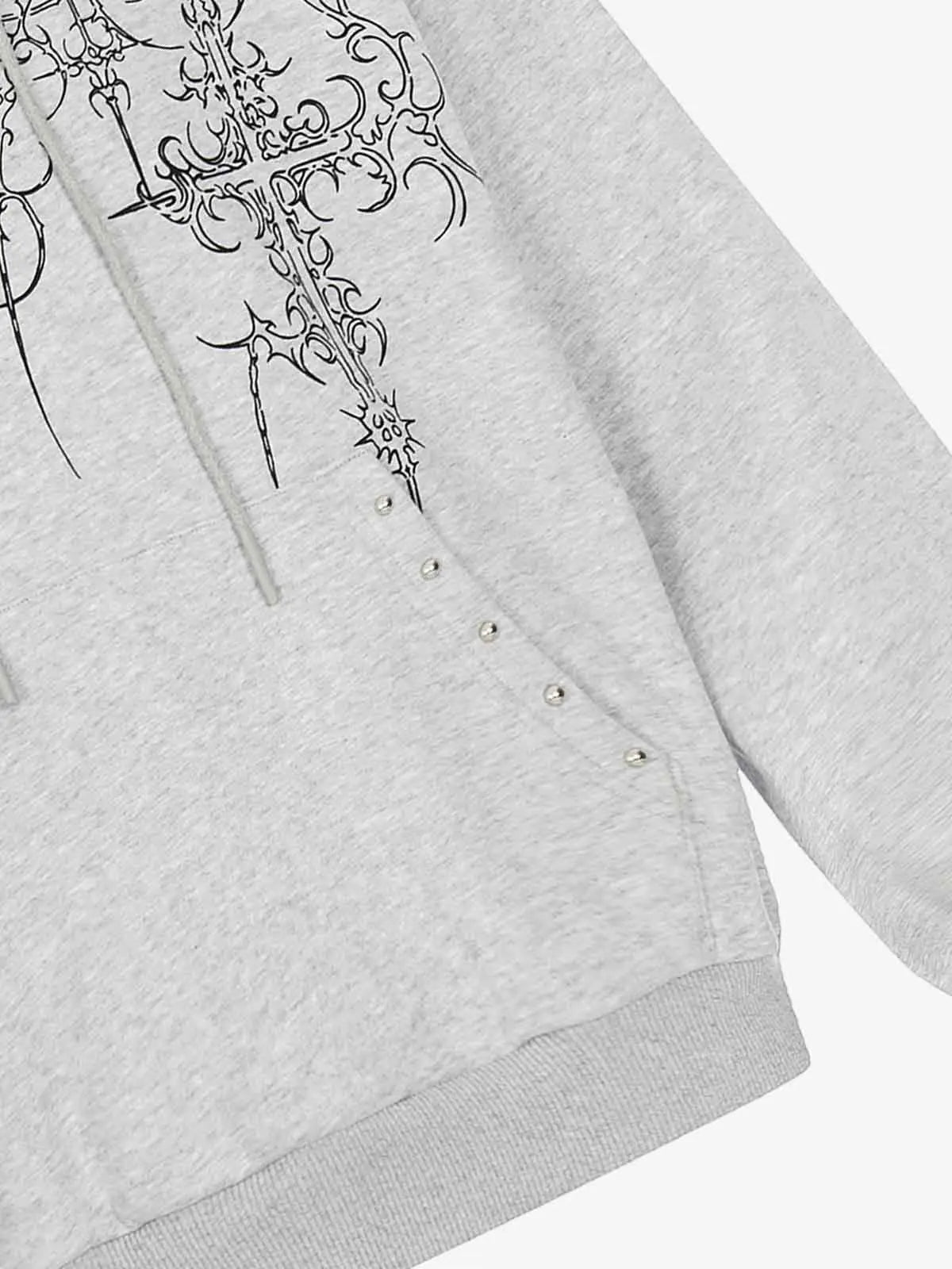 Floral Line Art Studded Pocket Hoodie 