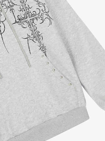 Floral Line Art Studded Pocket Hoodie 