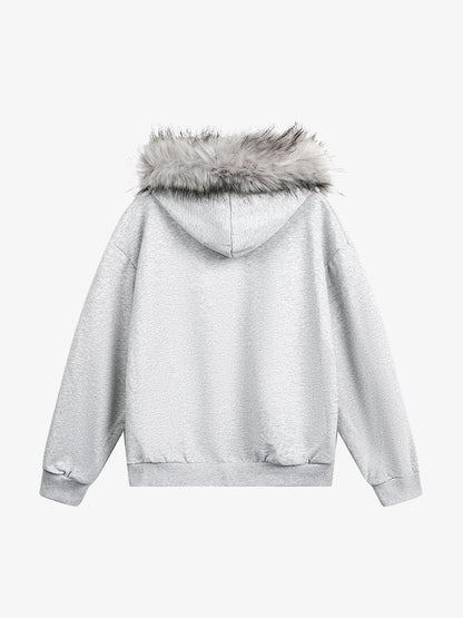 Detachable Fur Collar Printed Cardigan Half-Zip Hoodie 