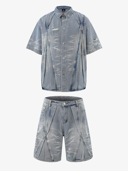 Washed Black Branch Print Deconstructed Denim Set 