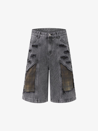 Retro Washed Plaid-Paneled Distressed Denim Set 