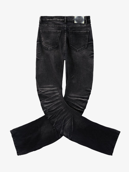 Vintage Distressed Button Fly Ruched Panel Flared Jeans 