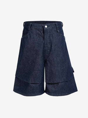 Pleated Panel Patchwork Denim Shorts 